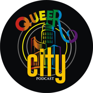 Queer City is written on a black background. It as the colours of the rainbow.